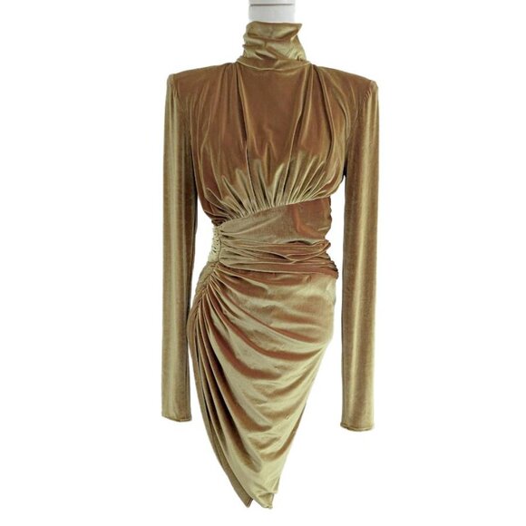 Alexandre Vauthier Gold Velvet Ruched Turtleneck Dress with Tulip Hem - Picture 5 of 12